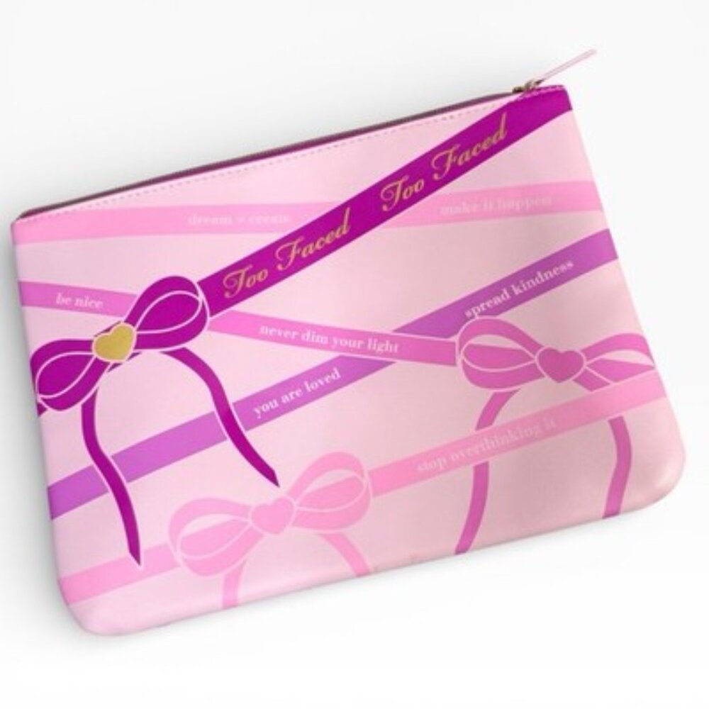 Too Faced Pink Cosmetic Makeup Bag Zip Pouch Bow Design Affirmations